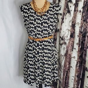 ♧ Sidecca Career Work Dress Black with Cream Bow Print Dress Size Large